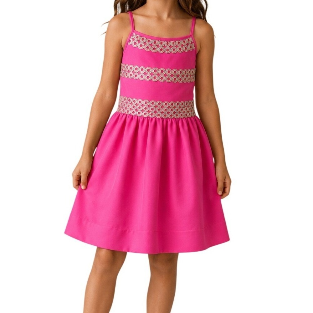 Lilly Pulitzer Hot Pink Gold Embroidered Fit and Flare Dress Girl's XL 12-14